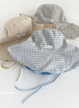 feytiy 一顶两戴 简约日系格纹双面防晒渔夫帽女春夏季棉质遮阳帽