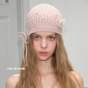 镂空包头帽冷帽女 手工珍珠花针织帽复古个性 feytiy 韩国设计师款