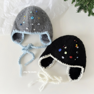 串珠针织撞色边护耳帽女秋冬季 个性 保暖系带包头帽 纯手工 feytiy