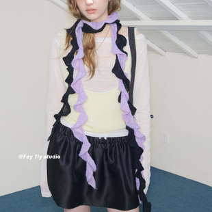 feytiy 个性时髦 叠戴木耳边设计感长条细围巾女春秋搭配装饰领巾