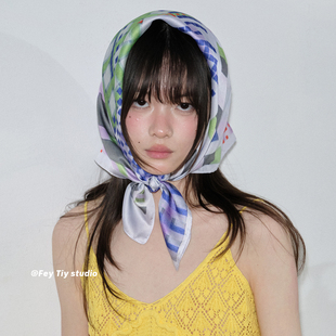 feytiy 几何拼色丝巾春夏季 2026新款 仿真丝方巾百搭头巾 小众设计