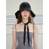 绑带遮阳大檐休闲盆帽女韩版 亚麻渔夫帽 山本耀司黑色新款 feytiy