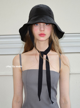 feytiy 山本耀司黑色新款亚麻渔夫帽 绑带遮阳大檐休闲盆帽女韩版