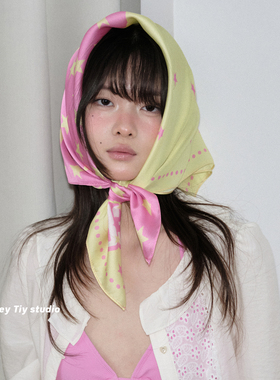 feytiy 梦幻糖果屋 黄粉撞色星星方巾丝巾女春夏新款装饰头巾百搭