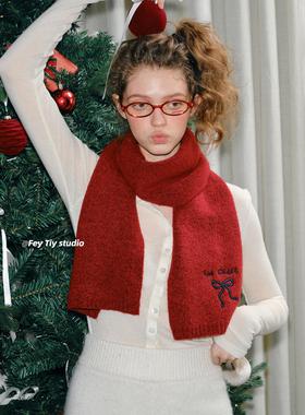feytiy 2025新款冬季红色蝴蝶结刺绣围巾女保暖百搭针织围脖圣诞