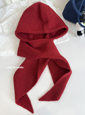 feytiy 含羊毛 复古时髦连帽子围巾一体秋冬保暖针织围脖女