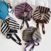 feytiy 2025秋冬复古时髦条纹小围巾套头护耳针织毛线系带围脖女