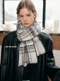 FeyTiy 百搭保暖围脖 高端纯羊毛简约格子围巾小香风披肩女秋冬季