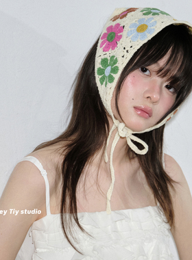 feytiy 氛围感 奶油底小雏菊手工钩三角巾女春夏季少女装饰包头巾