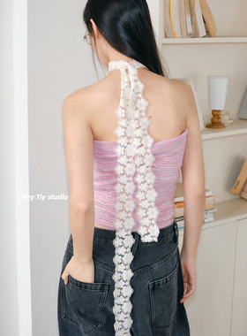 feytiy 原创纯棉蕾丝花边挂脖系带长条丝巾女春夏季百搭装饰围巾