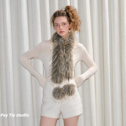 feytiy 2个球球毛毛围巾辣妹y2k时髦冬季保暖仿狐狸毛毛领子围脖