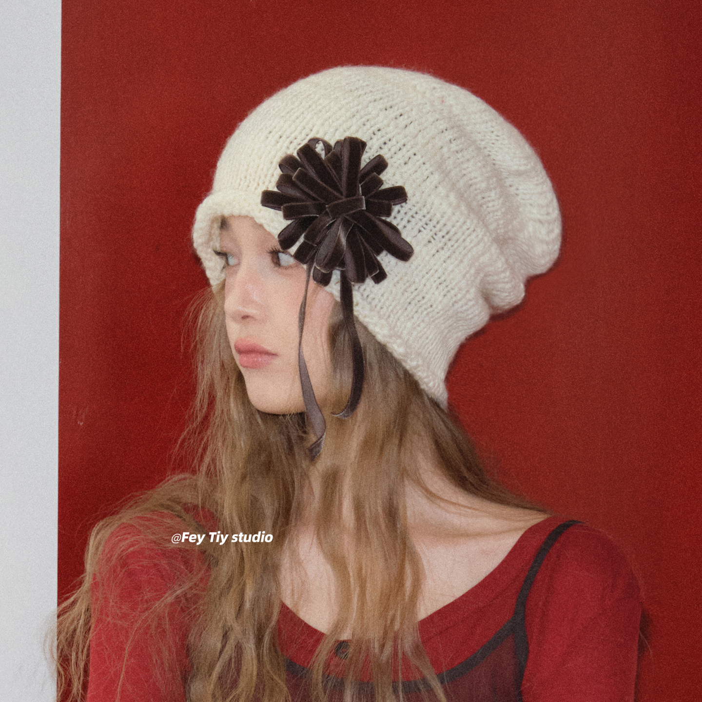 定制立体丝绒花朵针织堆堆帽冷帽