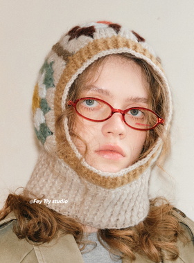 feytiy 纯手工花朵巴法拉帽 时髦复古秋冬保暖护耳套头毛线帽女