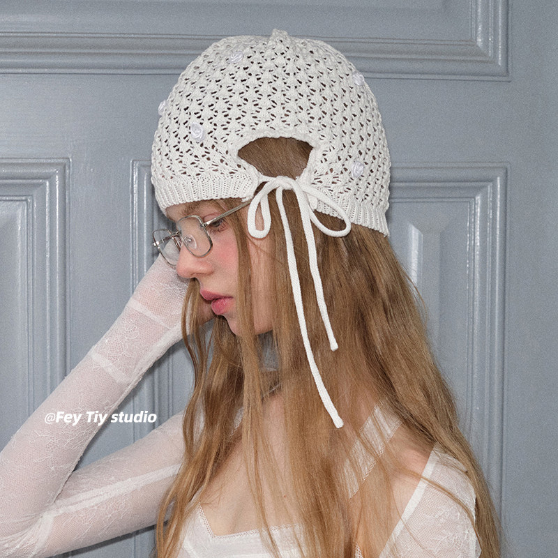 feytiy 韩国设计师25ss手工纯棉针织帽玫瑰花复古个性镂空包头帽