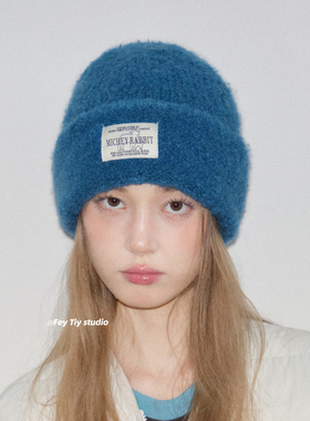 feytiy 定制 大头围加厚软糯针织帽冬季保暖显脸小蓝色毛线冷帽女