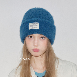 feytiy 定制 大头围加厚软糯针织帽冬季保暖显脸小蓝色毛线冷帽女
