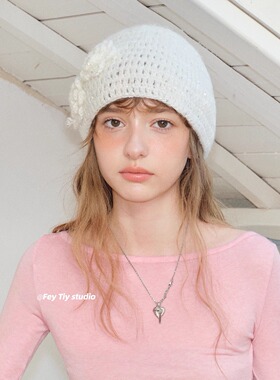 feytiy 纯手工钩花针织帽冷帽女 时髦复古秋冬新款百搭毛线包头帽