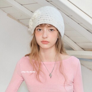 百搭毛线包头帽 时髦复古秋冬新款 feytiy 纯手工钩花针织帽冷帽女