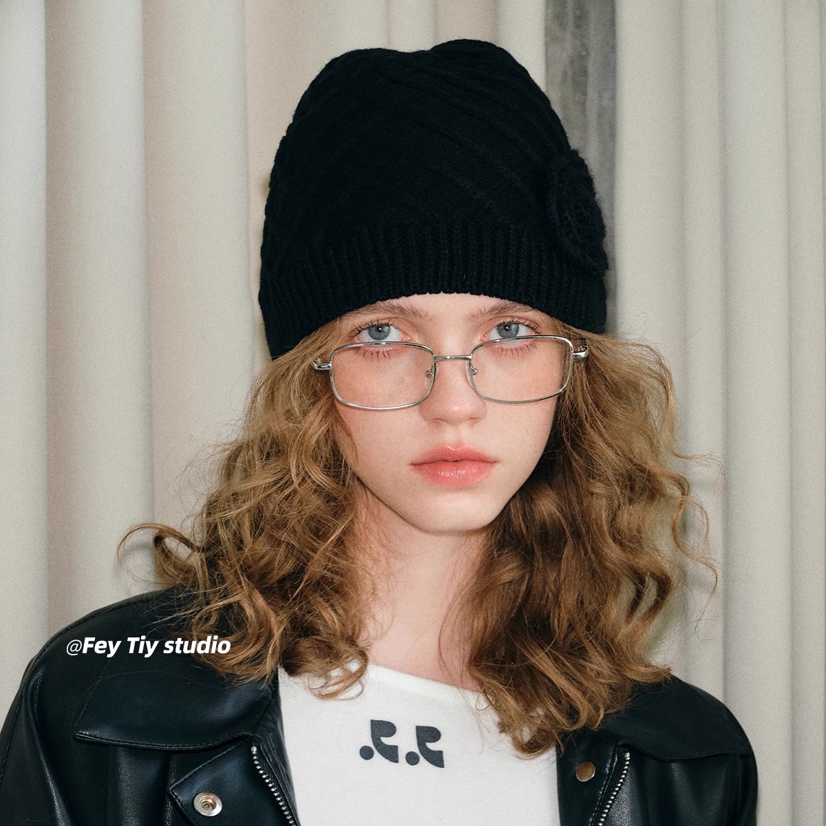 手工花朵针织帽子女秋冬季