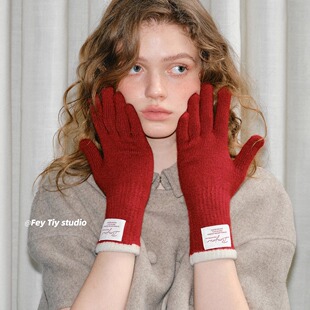 保暖手套女可触屏韩版 柔软亲肤撞色边针织冬季 五指 含羊毛 feytiy