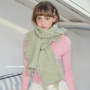 保暖护颈围脖长款 毛边柔软针织围巾女冬季 百搭 抹茶奶绿 feytiy