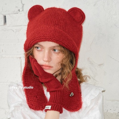 复古可爱小熊耳朵针织毛线帽