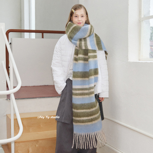 feytiy 蓝绿条纹拼色 加厚保暖长款围巾男女冬季保暖披肩百搭围脖