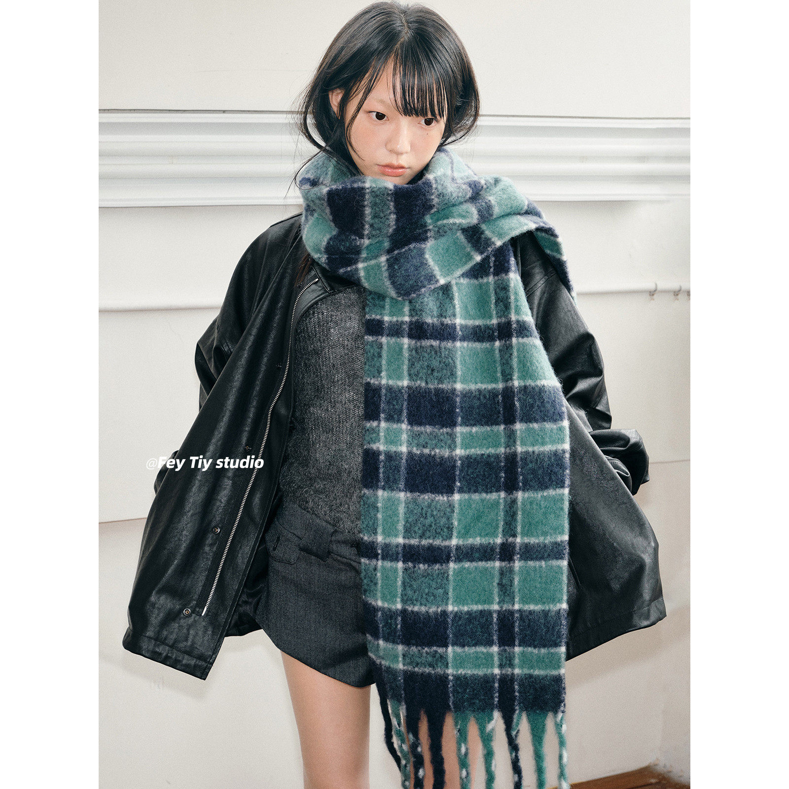 含羊毛复古绿格子围巾秋冬保暖