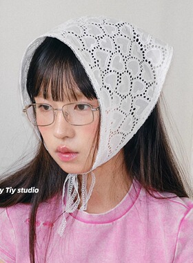 feytiy 韩女灵魂搭配 纯棉爱心刺绣蕾丝三角巾女春夏丝巾包头法式