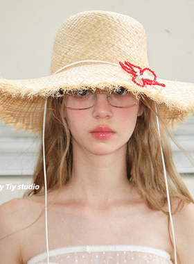 feytiy 天然拉菲草+小花串珠防晒草帽度假风太阳帽女遮阳夏季百搭