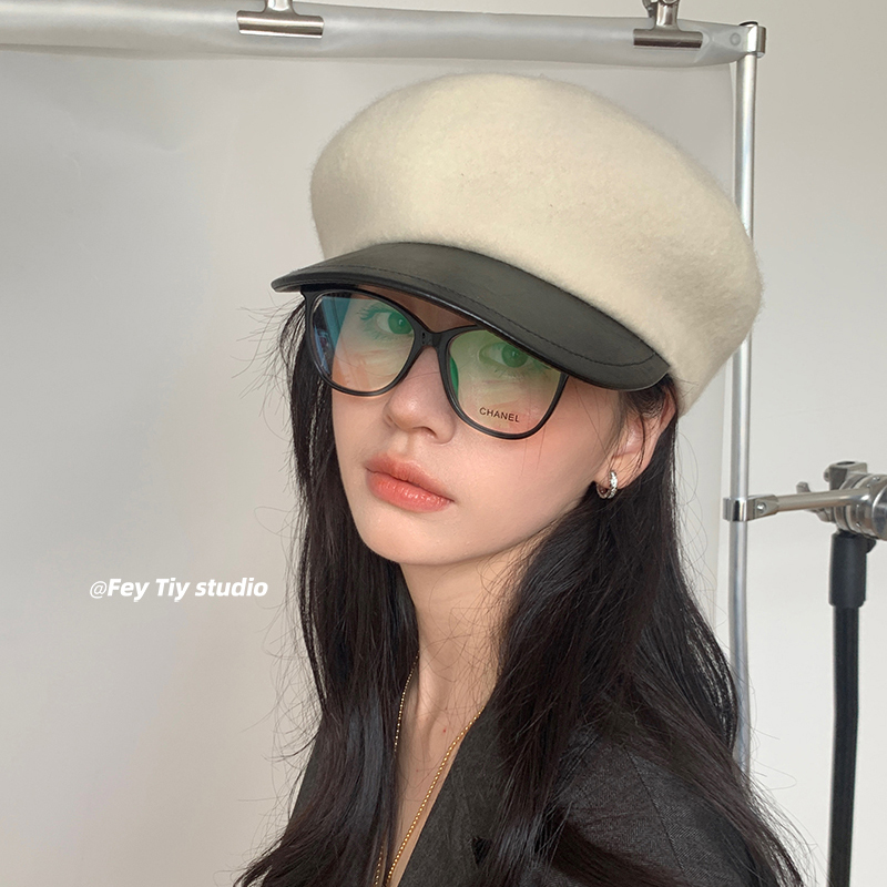 韩国博主款皮檐毛呢贝雷帽报童帽
