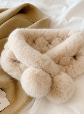 高品质定制毛毛围巾 冬季仿皮草交叉球球围脖仿獭兔毛ins保暖毛领