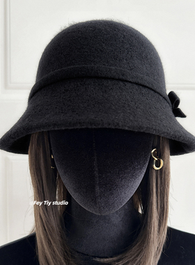 feytiy [情书] 黑色羊毛礼帽 100%wool渔夫帽秋冬气质毛呢盆帽女