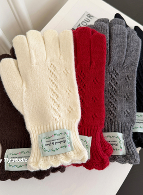 feytiy 柔软亲肤花边针织手套 可触屏冬季防寒保暖加厚分指手套女