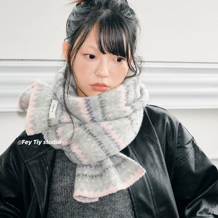 feytiy 棉花糖 几何针织柔软费尔岛风围巾女2025秋冬新款保暖围脖