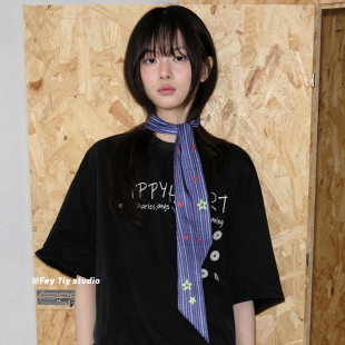 装 春夏新款 饰长条飘带日系 线条星星原创设计丝巾系发带女 feytiy