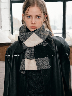 FeyTiy 高级质感中性风黑白格含羊毛围巾男女仿羊绒秋冬保暖围脖