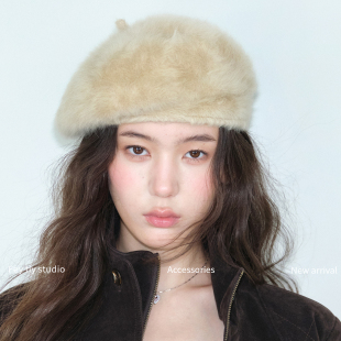 feytiy 软雾绒 兔毛蓓蕾帽秋冬保暖百搭针织毛毛画家帽贝雷帽时尚