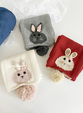 feytiy 手工兔子毛球针织围巾 秋冬保暖仿羊绒少女可爱毛线围脖韩