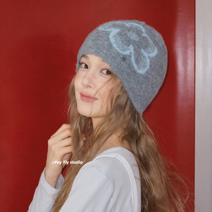 feytiy 蓝色小花花 软糯显脸小针织包头帽女秋冬新款保暖护耳冷帽