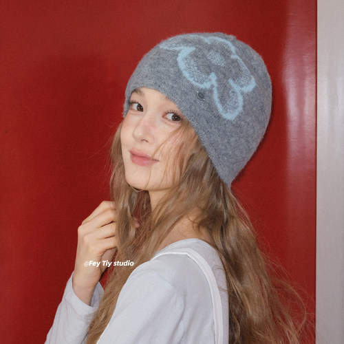 蓝色小花花软糯显脸小针织包头帽