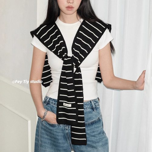 定制条纹叠搭针织披肩女