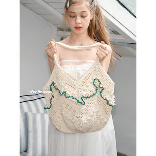 feytiy 撞色小花边原创手工编织包单肩包镂空度假托特包 南法少女