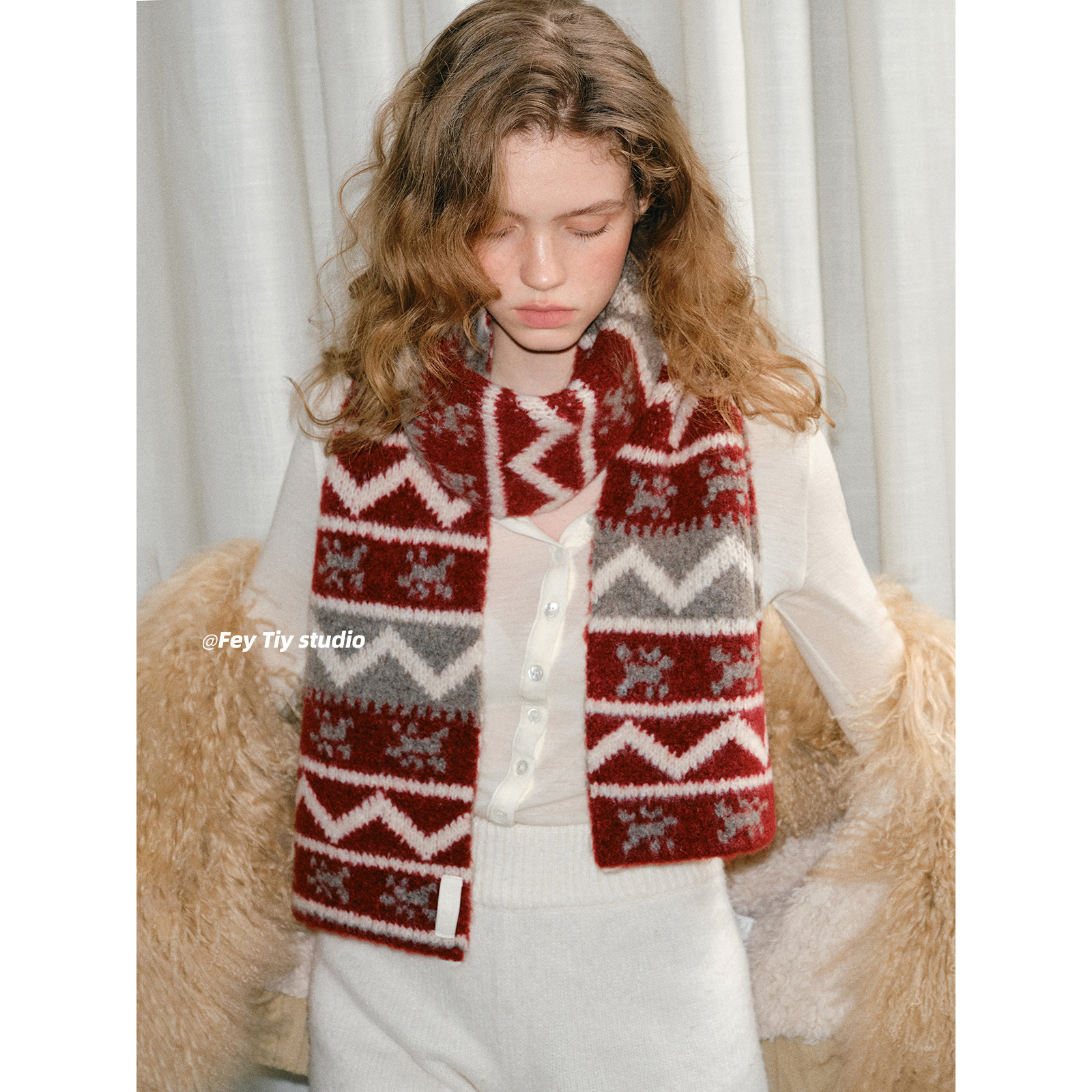 feytiy 费尔岛红色围巾秋冬保暖加厚氛围感百搭针织围脖女圣诞红