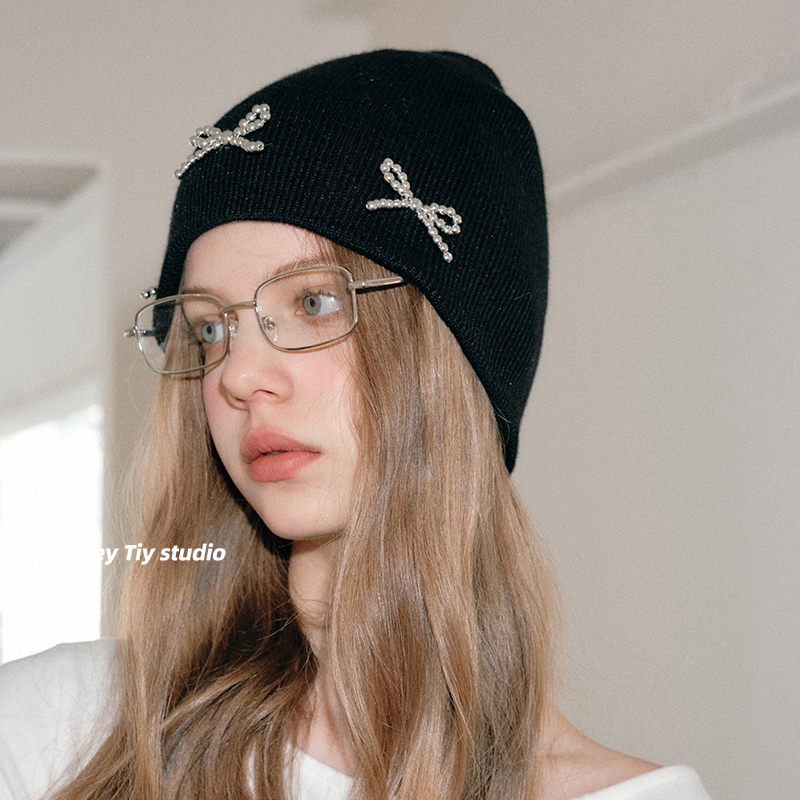 甜酷时髦蝴蝶结冷帽保暖针织帽女