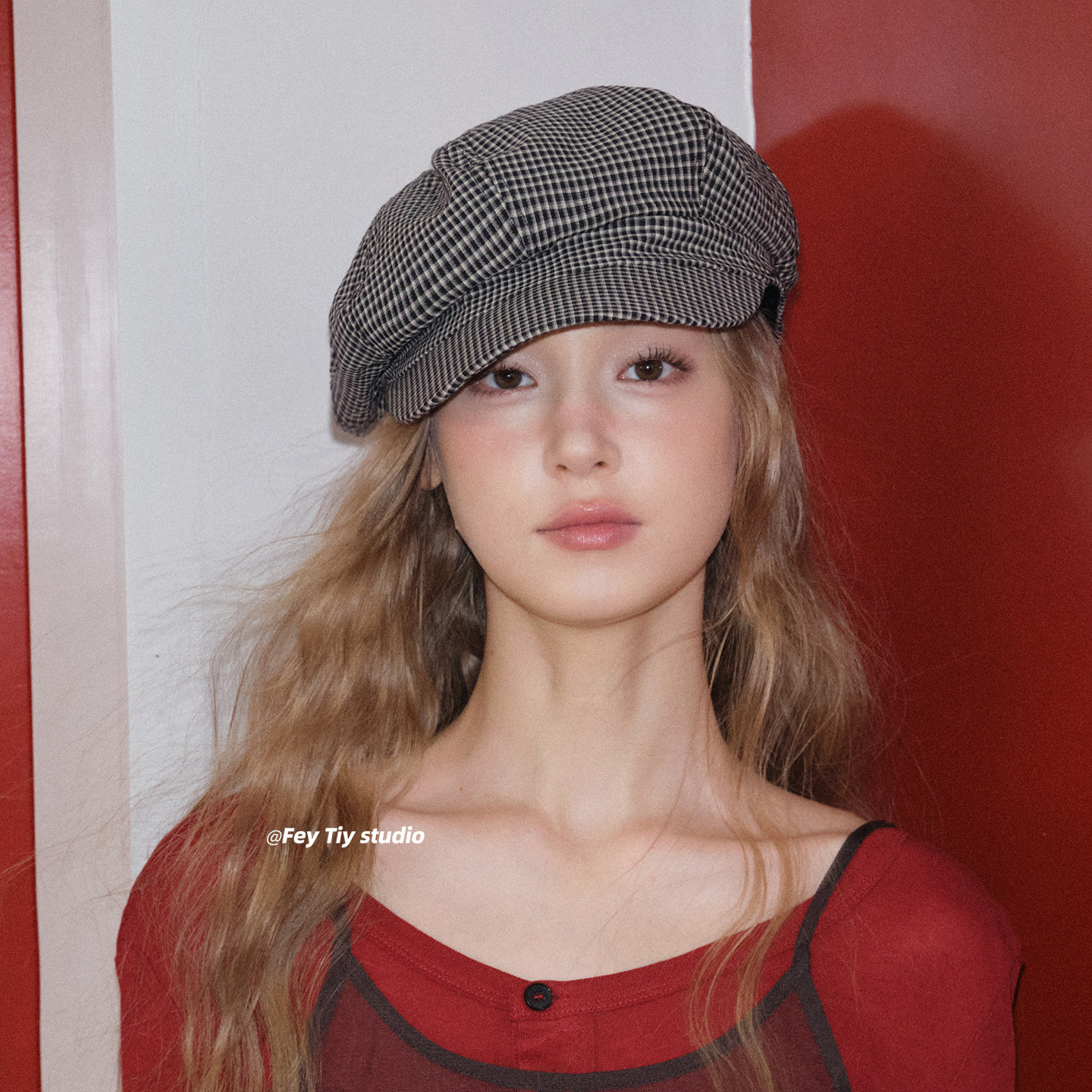 feytiy 黑白小格子日系复古报童帽女 秋冬新款百搭显脸小画家帽韩