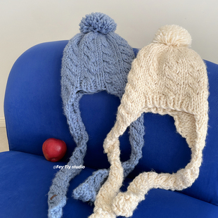 feytiy 秋冬加厚保暖护耳帽子显脸小百搭 纯手工钩织球球毛线帽女