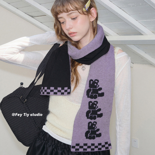 保暖围巾秋冬加厚围脖女学生 定制紫色小众针织 feytiy 三只小熊