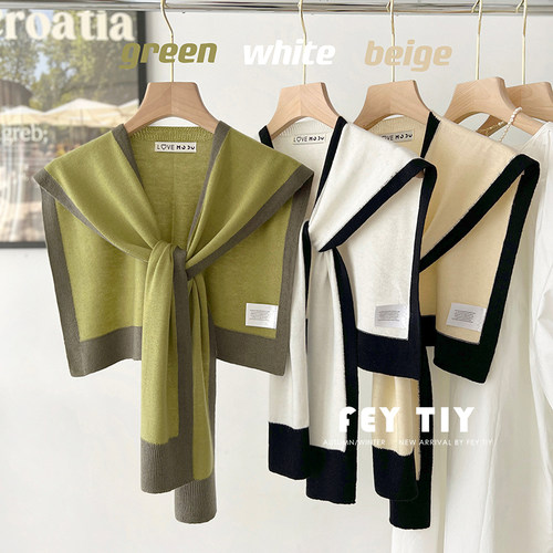 拼色小香风黑白春秋针织网红披肩