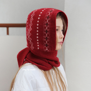 保暖圣诞红 含羊毛费尔岛针织拉法帽围巾一体冬季 feytiy 细腻柔软